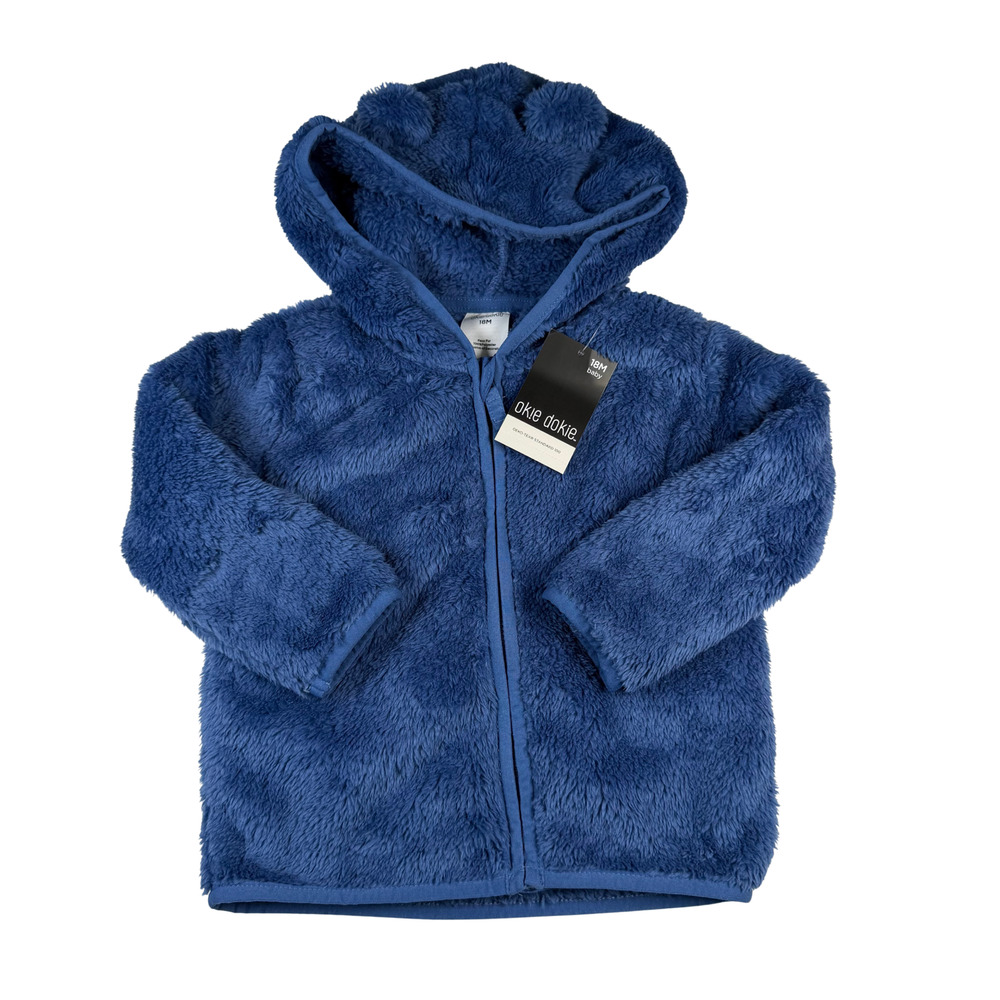 Okie Dokie Full Zip Jacket Boys 24M Faux Fur Blue Hooded Bear Ears NWT